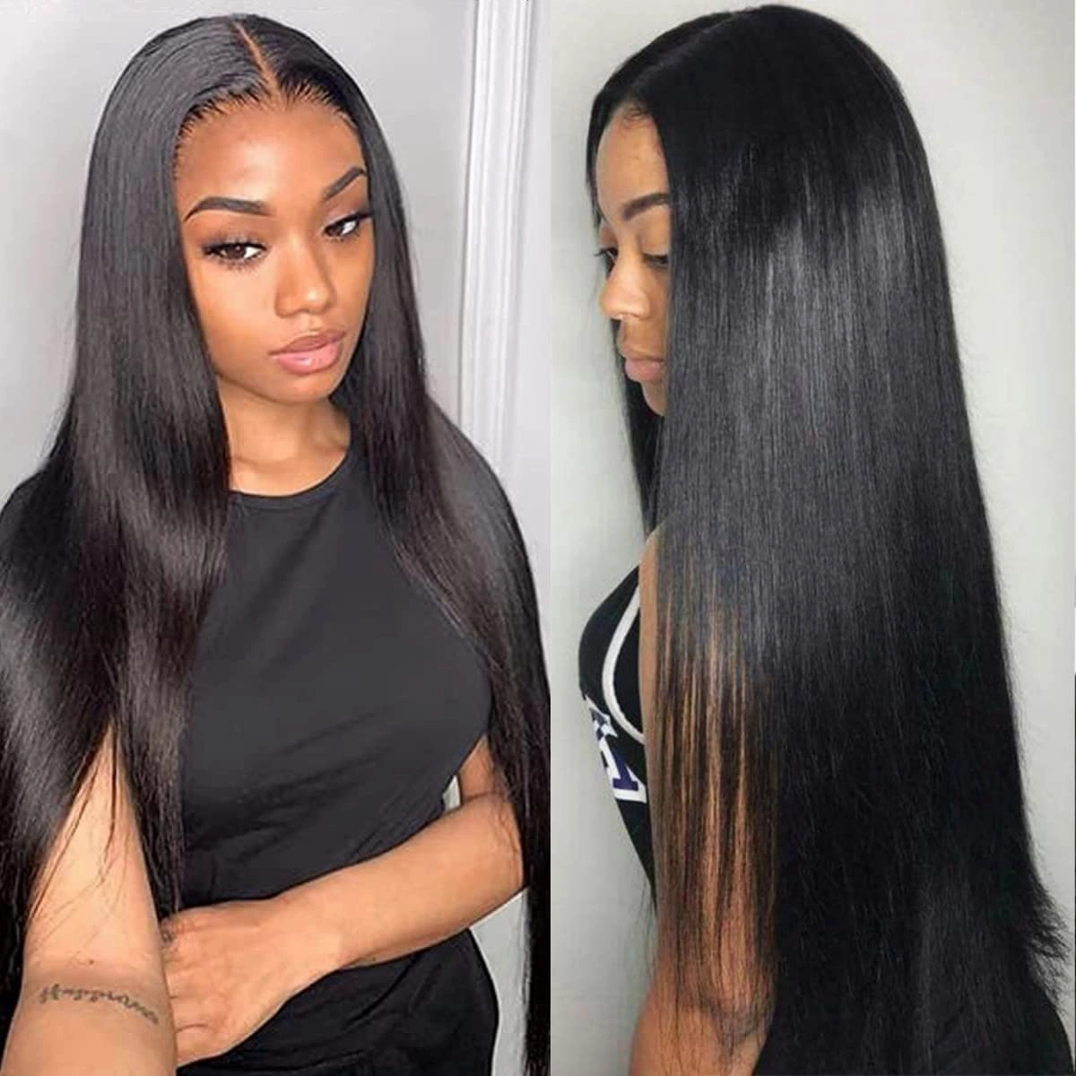 Natural Black Wig for Women Long Straight Wigs Middle Parting Lace Front Wig Silky Soft Smooth Remy Hair Synthetic Wigs Fashion Looking Full Wig Realistic Everyday Wig 26 Inch