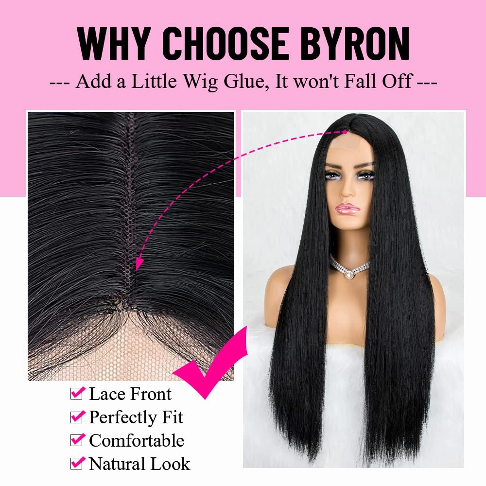 Natural Black Wig for Women Long Straight Wigs Middle Parting Lace Front Wig Silky Soft Smooth Remy Hair Synthetic Wigs Fashion Looking Full Wig Realistic Everyday Wig 26 Inch