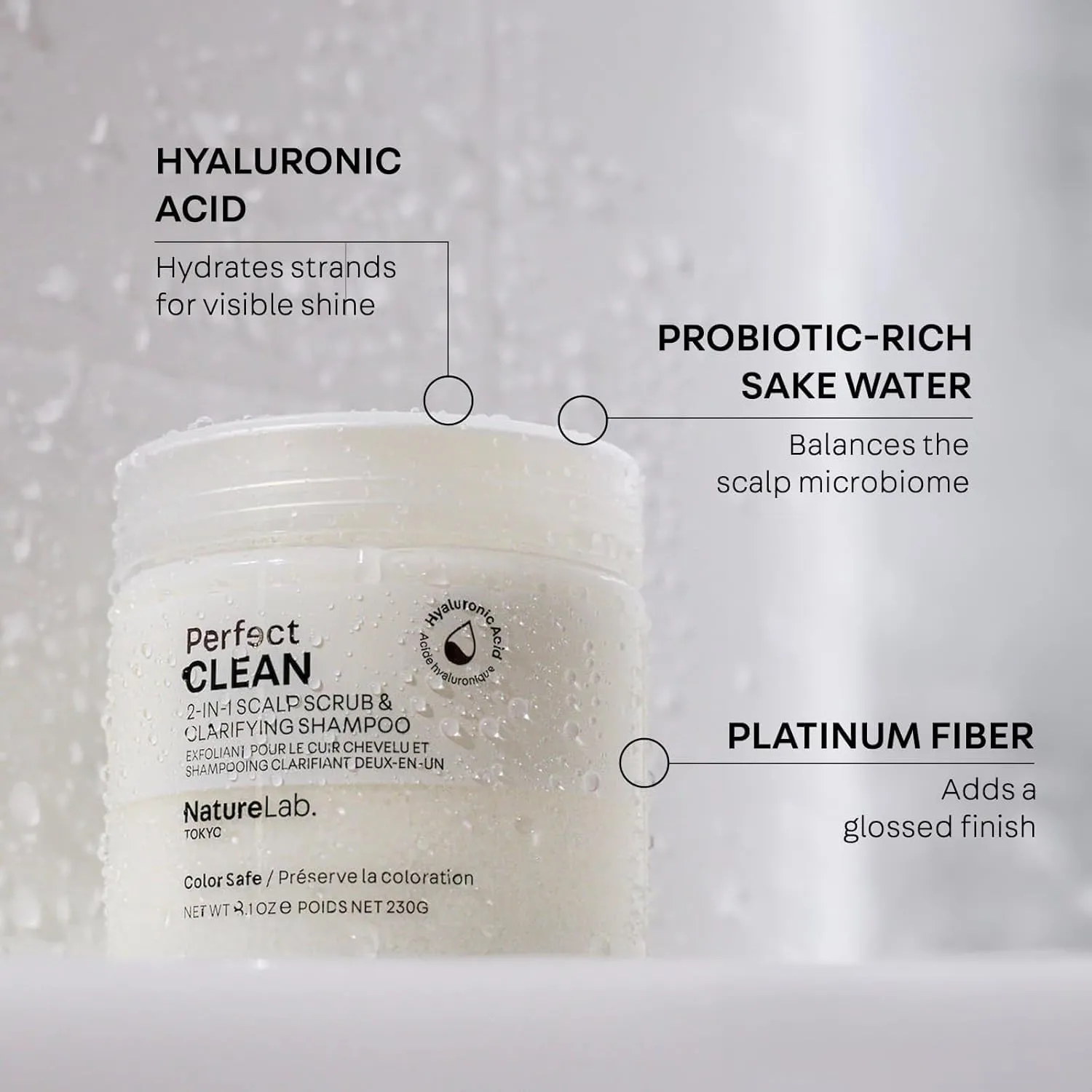 NATURELAB. TOKYO Perfect Clean 2-in-1 Scalp Scrub & Clarifying Shampoo | Exfoliating Sugar Crystals with Probiotic Sake Water & Hyaluronic Acid for Deep Scalp Cleanse, Shine, & Hydration – 8.1 oz