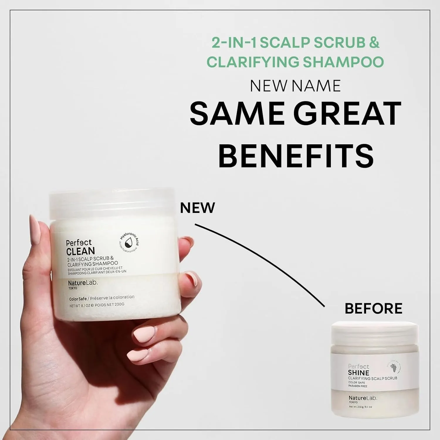 NATURELAB. TOKYO Perfect Clean 2-in-1 Scalp Scrub & Clarifying Shampoo | Exfoliating Sugar Crystals with Probiotic Sake Water & Hyaluronic Acid for Deep Scalp Cleanse, Shine, & Hydration – 8.1 oz