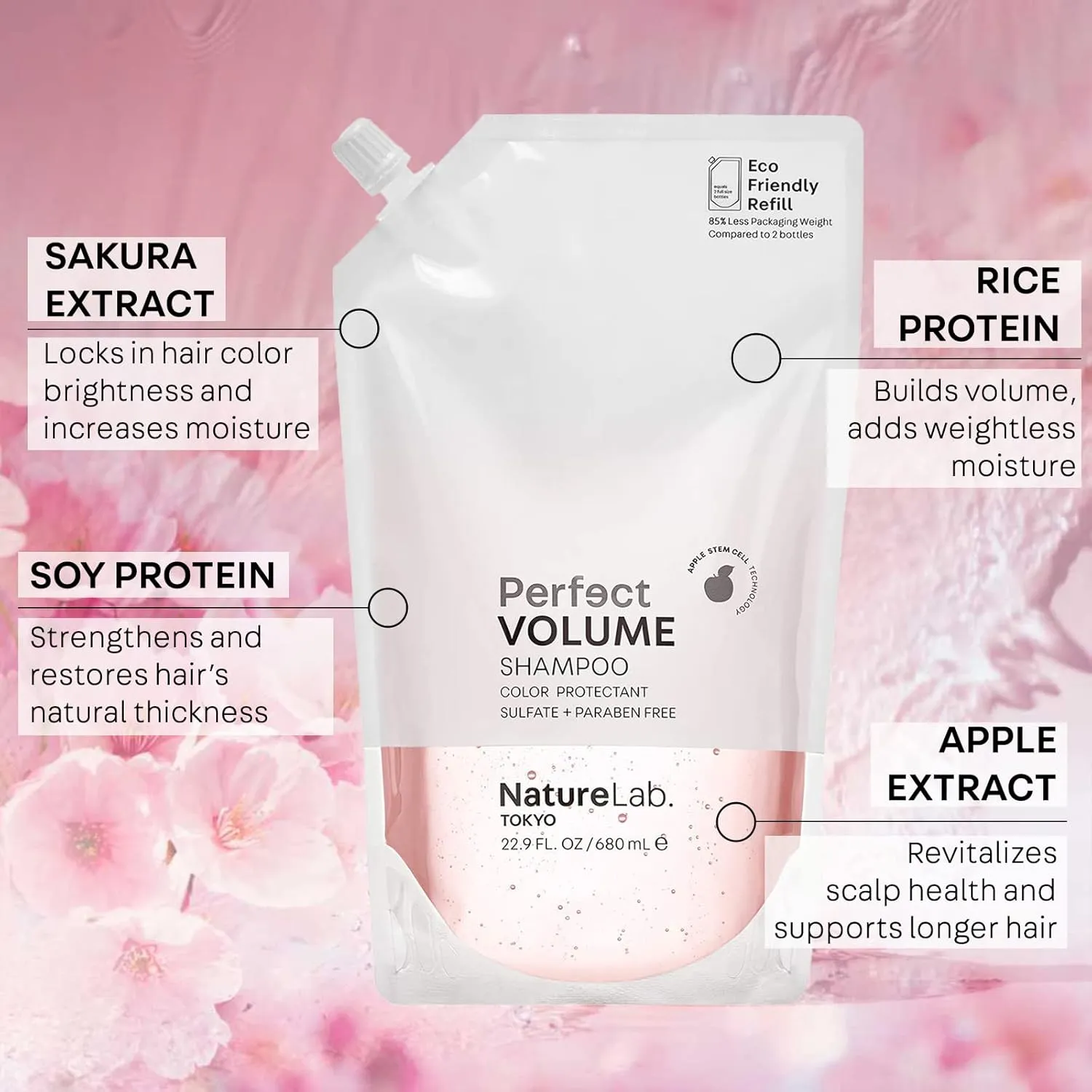 NATURELAB. TOKYO Perfect Volume Shampoo Refill – Boosts Volume, Eco-Friendly Pouch, Thickening Rice & Soy Proteins, Sakura & Apple Extracts for Moisture, 22.9 oz