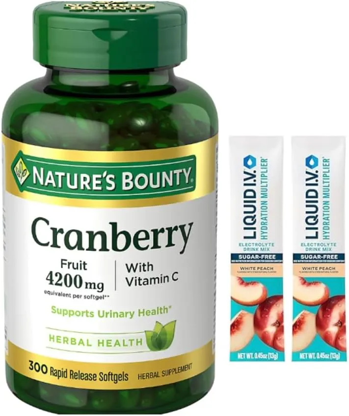 NATURES BOUNTY Cranberry Fruit 4200mg with Vitamin C, Herbal Supplement, Supports Urinary Health, 300 Rapid Release Softgels Plus 2 Sugar-Free White Peach Hydration Sticks