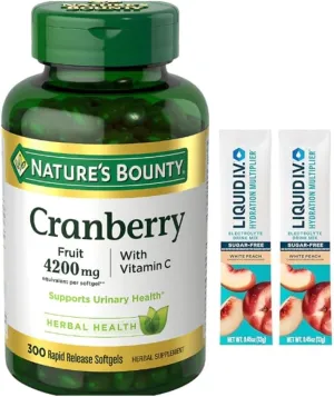 NATURES BOUNTY Cranberry Fruit 4200mg with Vitamin C, Herbal Supplement, Supports Urinary Health, 300 Rapid Release Softgels Plus 2 Sugar-Free White Peach Hydration Sticks
