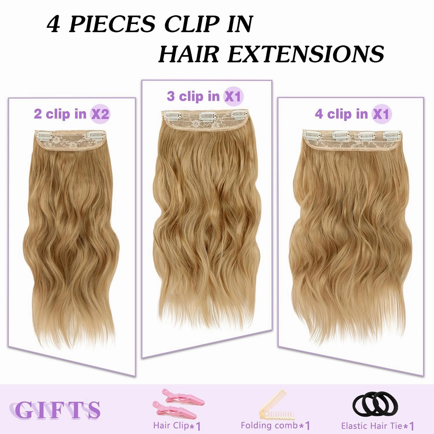 NAYOO 4PCS Clip in Hair Extensions Long Wavy Curly Synthetic Thick Hairpieces Honey Blonde for Women with Fiber Double Weft Hair Full Head（16 Inch, Honey Blonde）