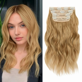 NAYOO 4PCS Clip in Hair Extensions Long Wavy Curly Synthetic Thick Hairpieces Honey Blonde for Women with Fiber Double Weft Hair Full Head（16 Inch, Honey Blonde）