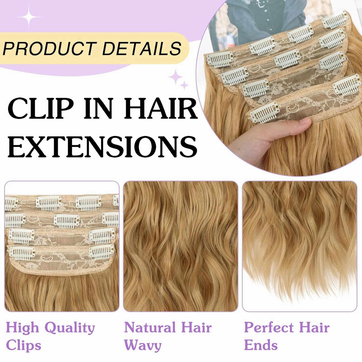 NAYOO 4PCS Clip in Hair Extensions Long Wavy Curly Synthetic Thick Hairpieces Honey Blonde for Women with Fiber Double Weft Hair Full Head（16 Inch, Honey Blonde）