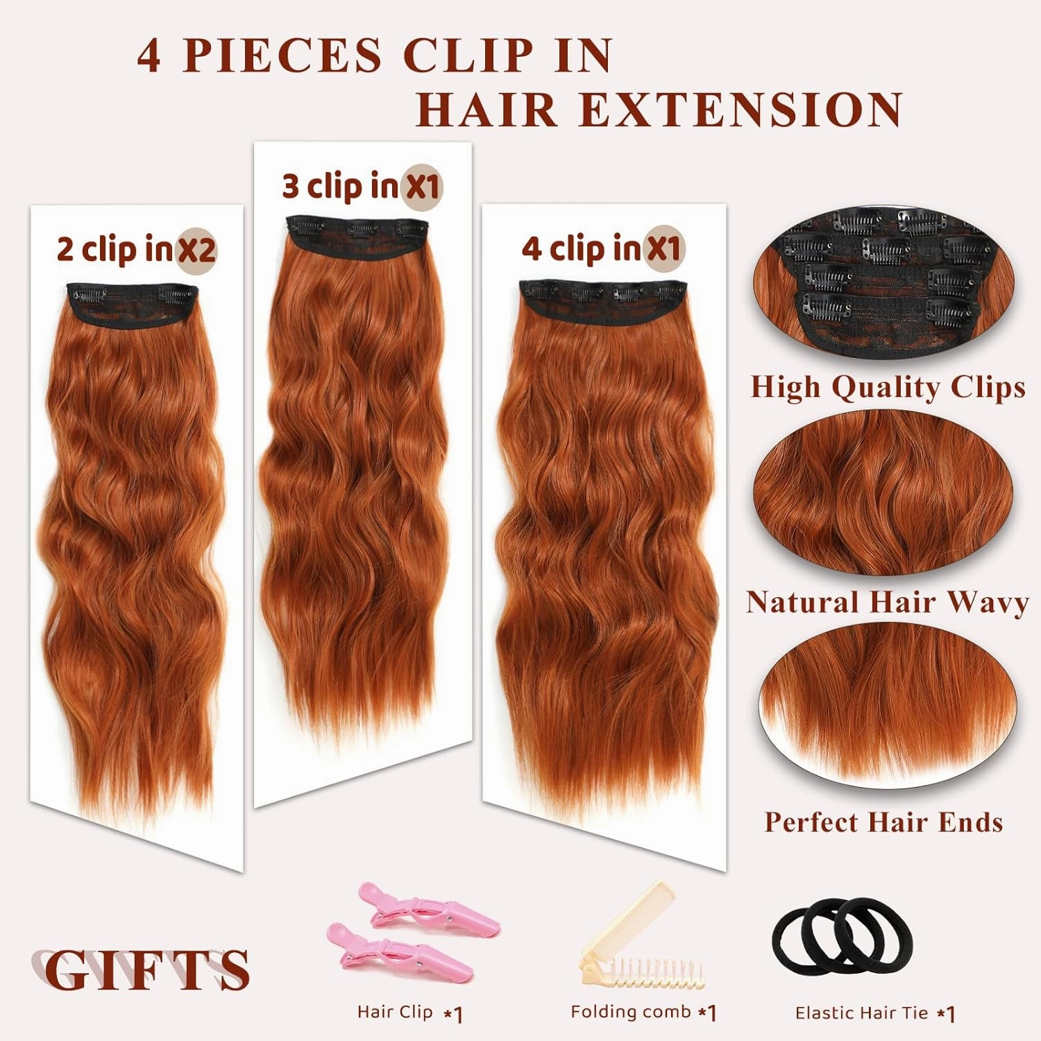 NAYOO Clip in Curly Hair Extensions 4PCS Long Wavy Synthetic Thick Hairpieces with Fiber Double Weft for Women Hair Full Head (24 Inch, Copper Red)