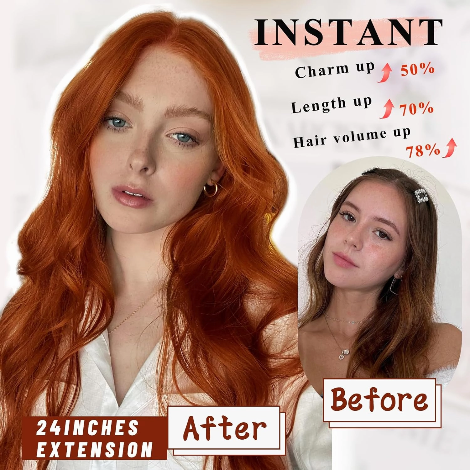 NAYOO Clip in Curly Hair Extensions 4PCS Long Wavy Synthetic Thick Hairpieces with Fiber Double Weft for Women Hair Full Head (24 Inch, Copper Red)