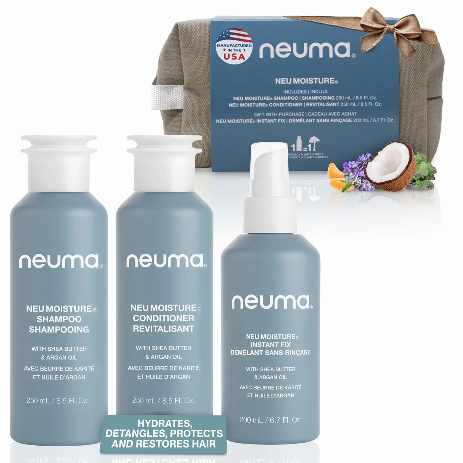 NEUMA Neu Moisture Holiday Gift Set — Neu Moisture Shampoo (8.5 Fl. Oz), Moisture Conditioner (8.5 Fl. Oz.), and Instant Fix Hair Moisturizer Spray (6.7 Fl. Oz.)