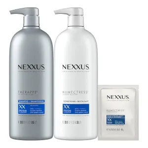 Nexxus Shampoo and Conditioner and 3 Hair Treatment Masks Therappe Humectress 5 Pack for Dry Hair Silicone-Free, Moisturizing Caviar Complex and Elastin Protein 33.8 oz & 1.5 oz