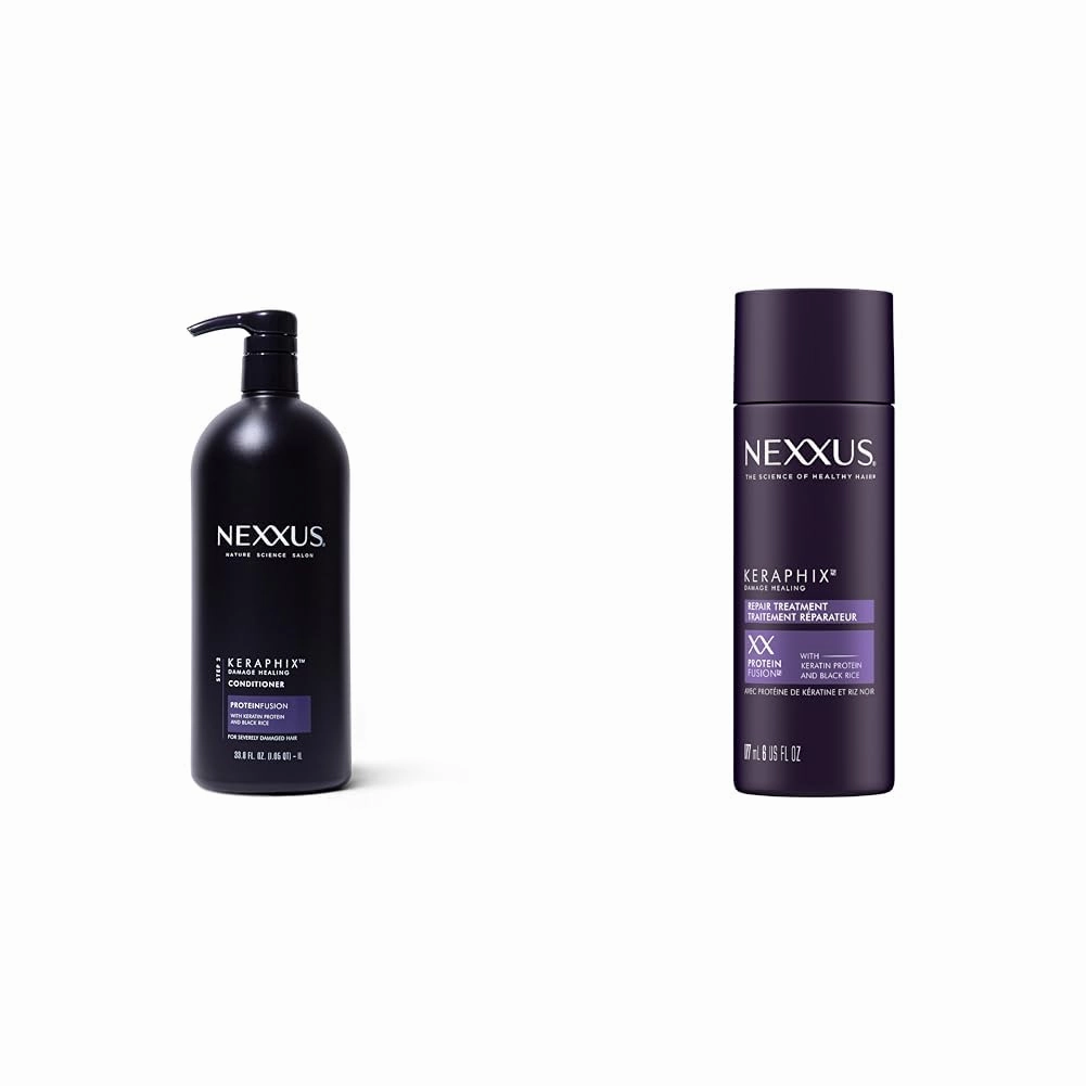 Nexxus Keraphix ProteinFusion Conditioner with Keratin Protein and Black Rice for Damaged Hair 33.8 oz & Damage Repair Pre-Wash Treatment Cream for Dry Hair
