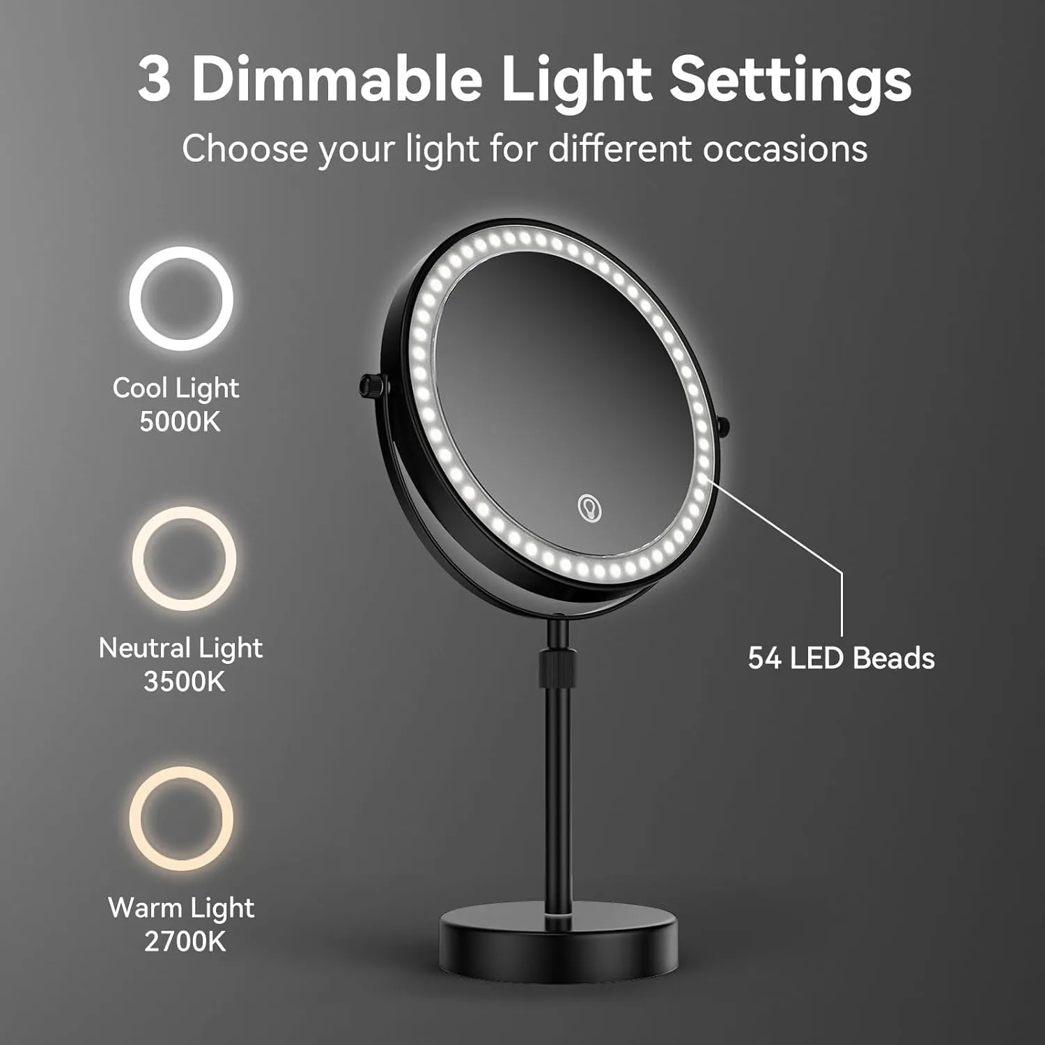 Nicesail LED Lighted Makeup Mirror Tabletop, 10X Magnifying Mirror with 3 Color Lights, Brightness Adjustable Height Adjustable, Double Sided Mirror in Black(8 Inch, 10X)
