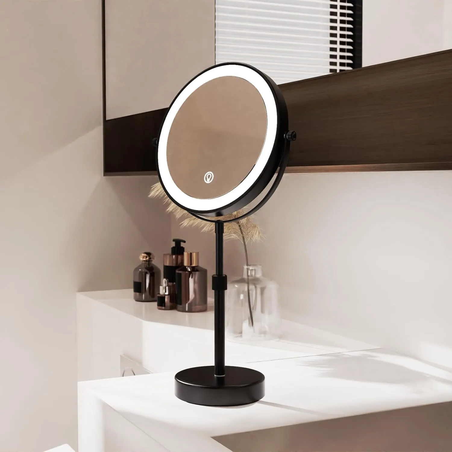 Nicesail LED Lighted Makeup Mirror Tabletop, 10X Magnifying Mirror with 3 Color Lights, Brightness Adjustable Height Adjustable, Double Sided Mirror in Black(8 Inch, 10X)
