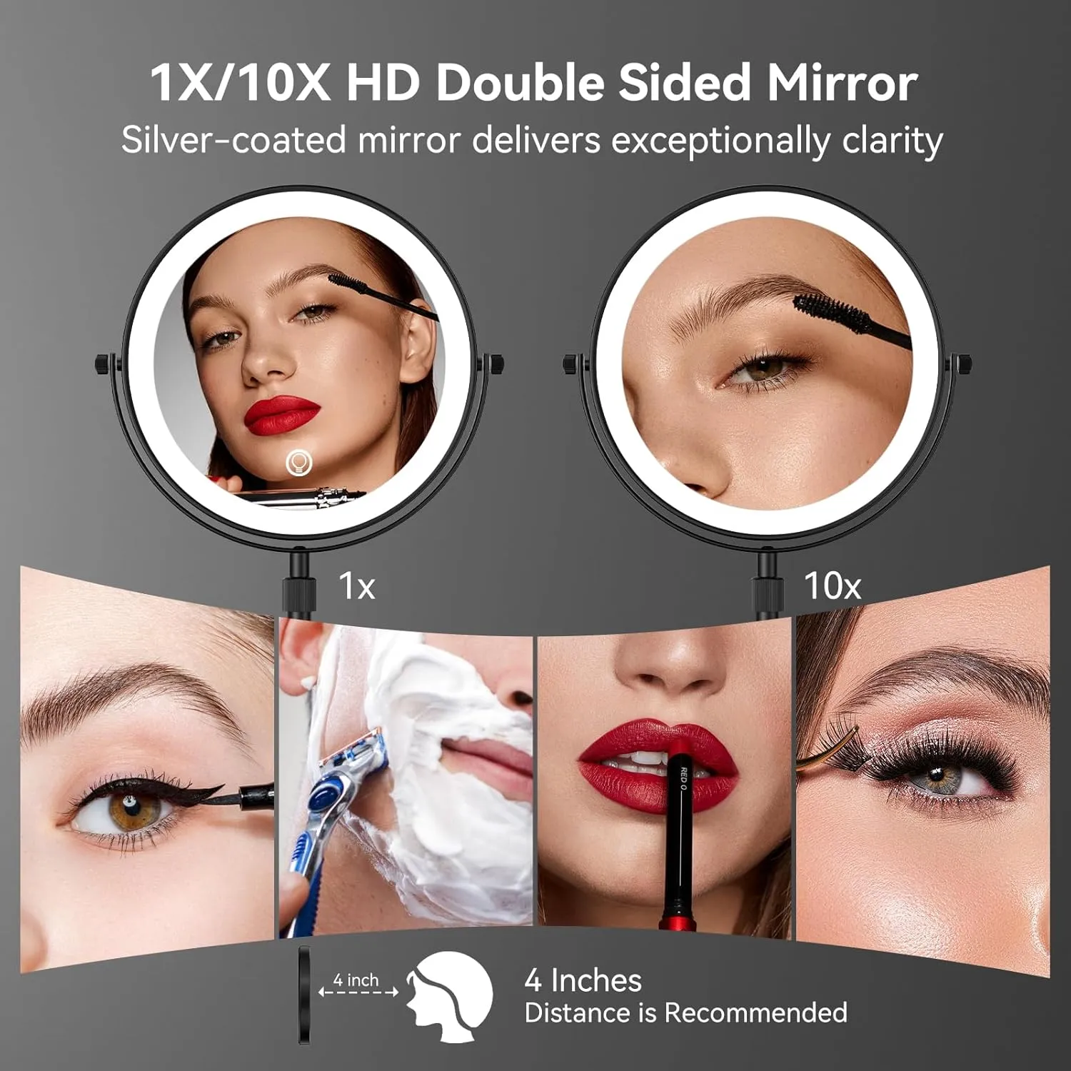 Nicesail LED Lighted Makeup Mirror Tabletop, 10X Magnifying Mirror with 3 Color Lights, Brightness Adjustable Height Adjustable, Double Sided Mirror in Black(8 Inch, 10X)