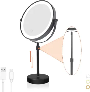 Nicesail LED Lighted Makeup Mirror Tabletop, 10X Magnifying Mirror with 3 Color Lights, Brightness Adjustable Height Adjustable, Double Sided Mirror in Black(8 Inch, 10X)