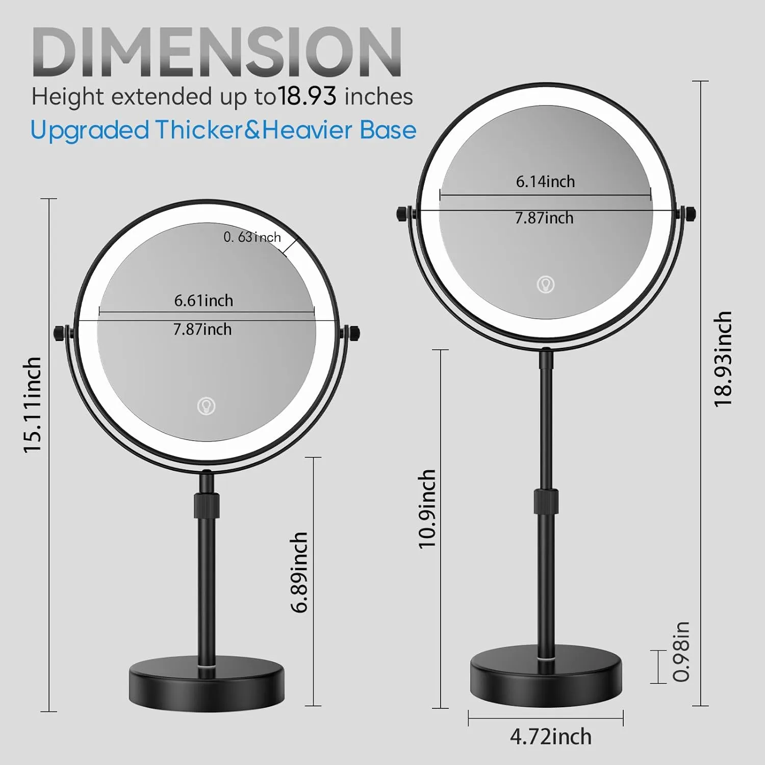 Nicesail LED Lighted Makeup Mirror Tabletop, 10X Magnifying Mirror with 3 Color Lights, Brightness Adjustable Height Adjustable, Double Sided Mirror in Black(8 Inch, 10X)