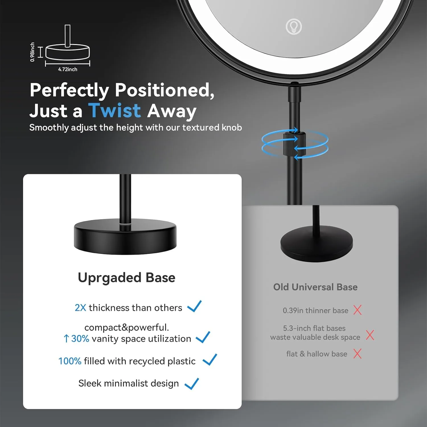 Nicesail LED Lighted Makeup Mirror Tabletop, 10X Magnifying Mirror with 3 Color Lights, Brightness Adjustable Height Adjustable, Double Sided Mirror in Black(8 Inch, 10X)