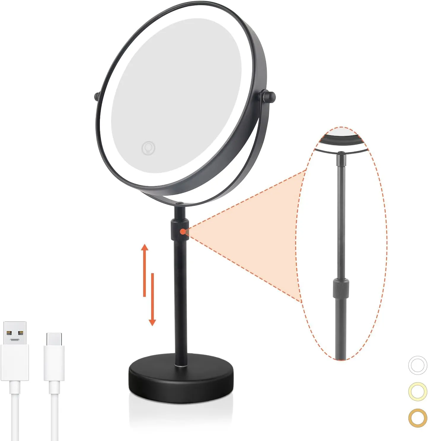 Nicesail LED Lighted Makeup Mirror Tabletop, 10X Magnifying Mirror with 3 Color Lights, Brightness Adjustable Height Adjustable, Double Sided Mirror in Black(8 Inch, 10X)
