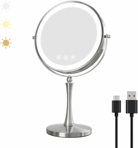 Nicesail 9" Large Lighted Makeup Mirror for Desk, Light up Mirror with 3 Colors Dimmable LED Lighting, Makeup Mirror with Lights and Magnification 1X/10X, 360°Rotation Double Sided, Polished Nickel