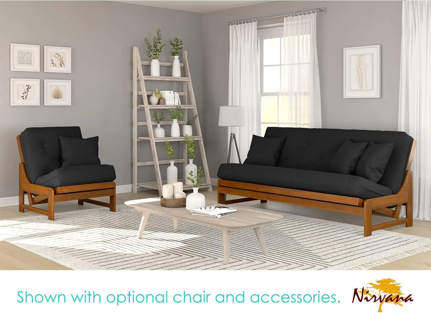 Nirvana Futons Miami Futon Frame and Mattress Set - Full Size, 8" Twill Black Cover