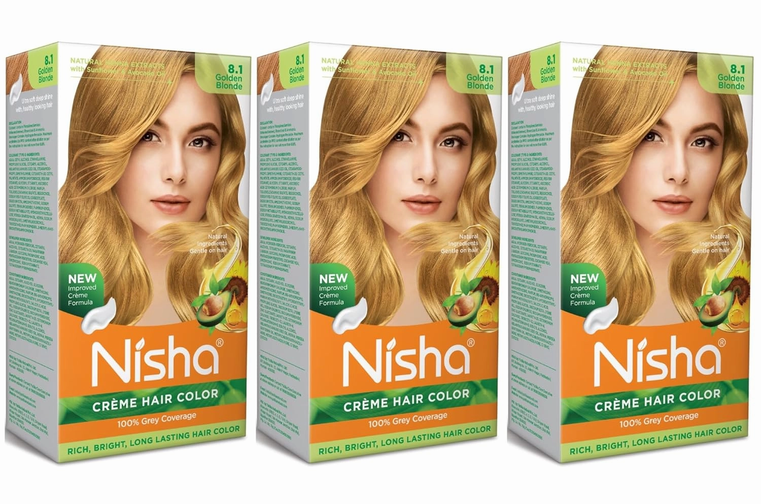 Nisha Creme Permanent Hair Color 100 percent Gray Coverage Hair Dye Easy to Apply Long Lasting Hair Colouring For Ultra Soft Deep Shine Conditioning With Natural Herbs Pack of 3 (Golden Blonde)