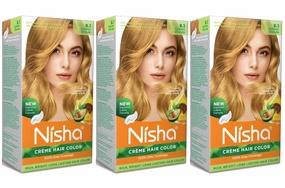 Nisha Creme Permanent Hair Color 100 percent Gray Coverage Hair Dye Easy to Apply Long Lasting Hair Colouring For Ultra Soft Deep Shine Conditioning With Natural Herbs Pack of 3 (Golden Blonde)