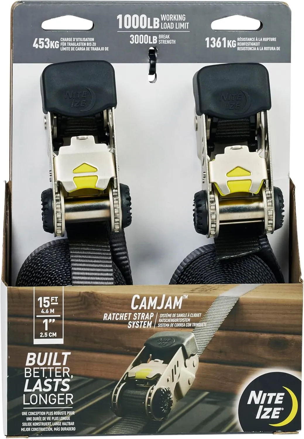Nite Ize CamJam Ratchet Strap System - Easy-Release Patented Lever Pawl - Tie Down Straps & Ratchet with Adjustable Positioning for Varied Configurations - 1000 lb Working Load Limit - Large (2 Pack)