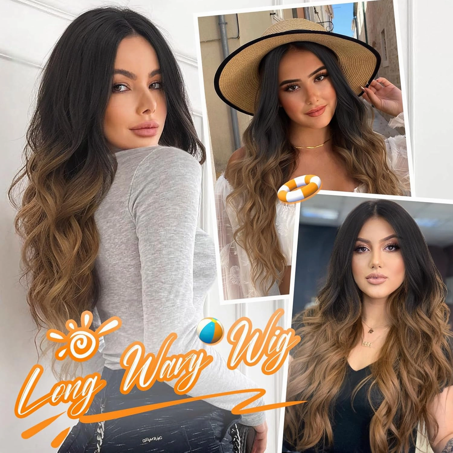 Nnzes Long Black to brown Wavy Wig 4x1 Lace Natural Hairline Middle Part Curly Heat-Resistant Synthetic Fiber for Women & Beginners Daily Party Use 26In