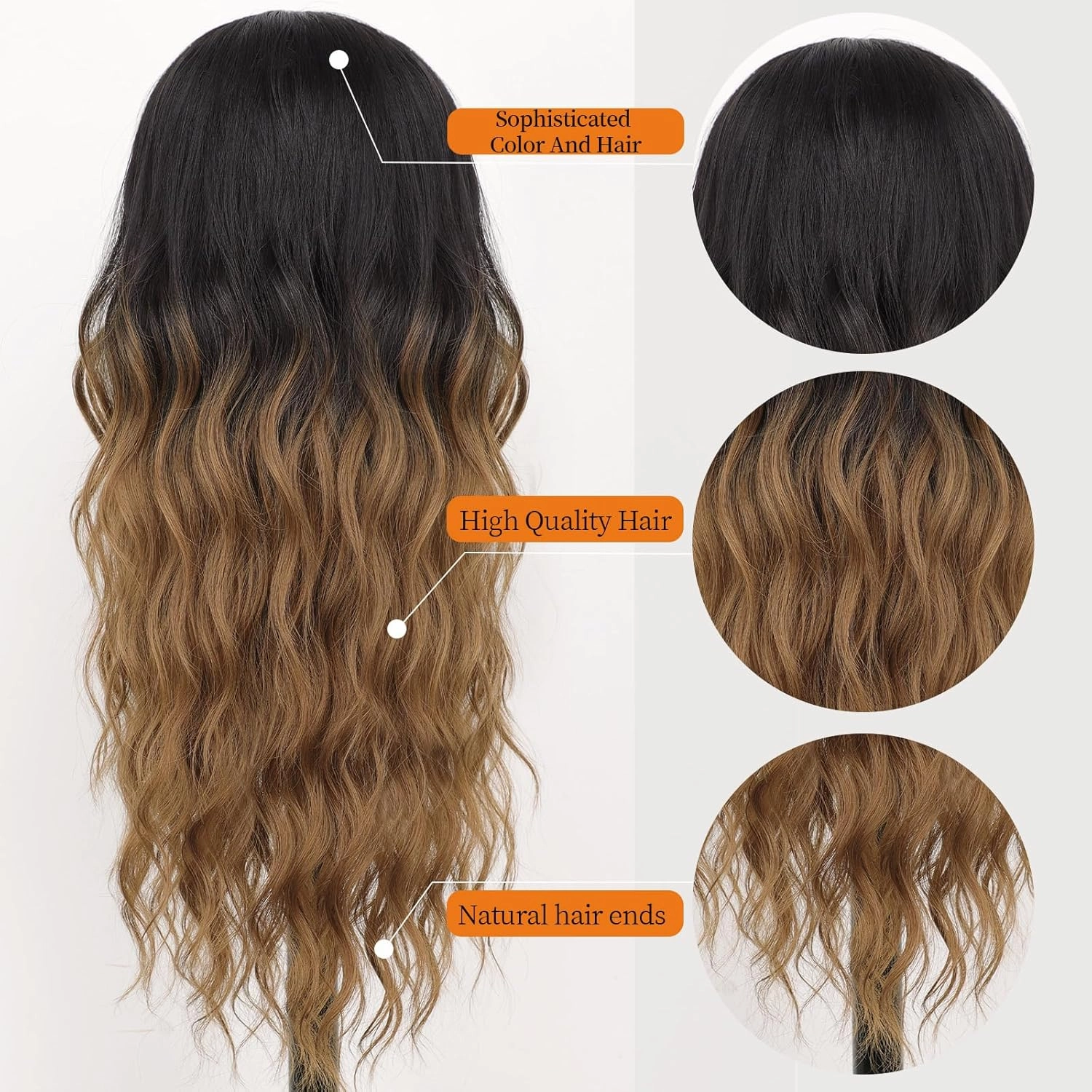 Nnzes Long Black to brown Wavy Wig 4x1 Lace Natural Hairline Middle Part Curly Heat-Resistant Synthetic Fiber for Women & Beginners Daily Party Use 26In