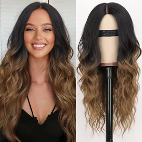 Nnzes Long Black to brown Wavy Wig 4x1 Lace Natural Hairline Middle Part Curly Heat-Resistant Synthetic Fiber for Women & Beginners Daily Party Use 26In
