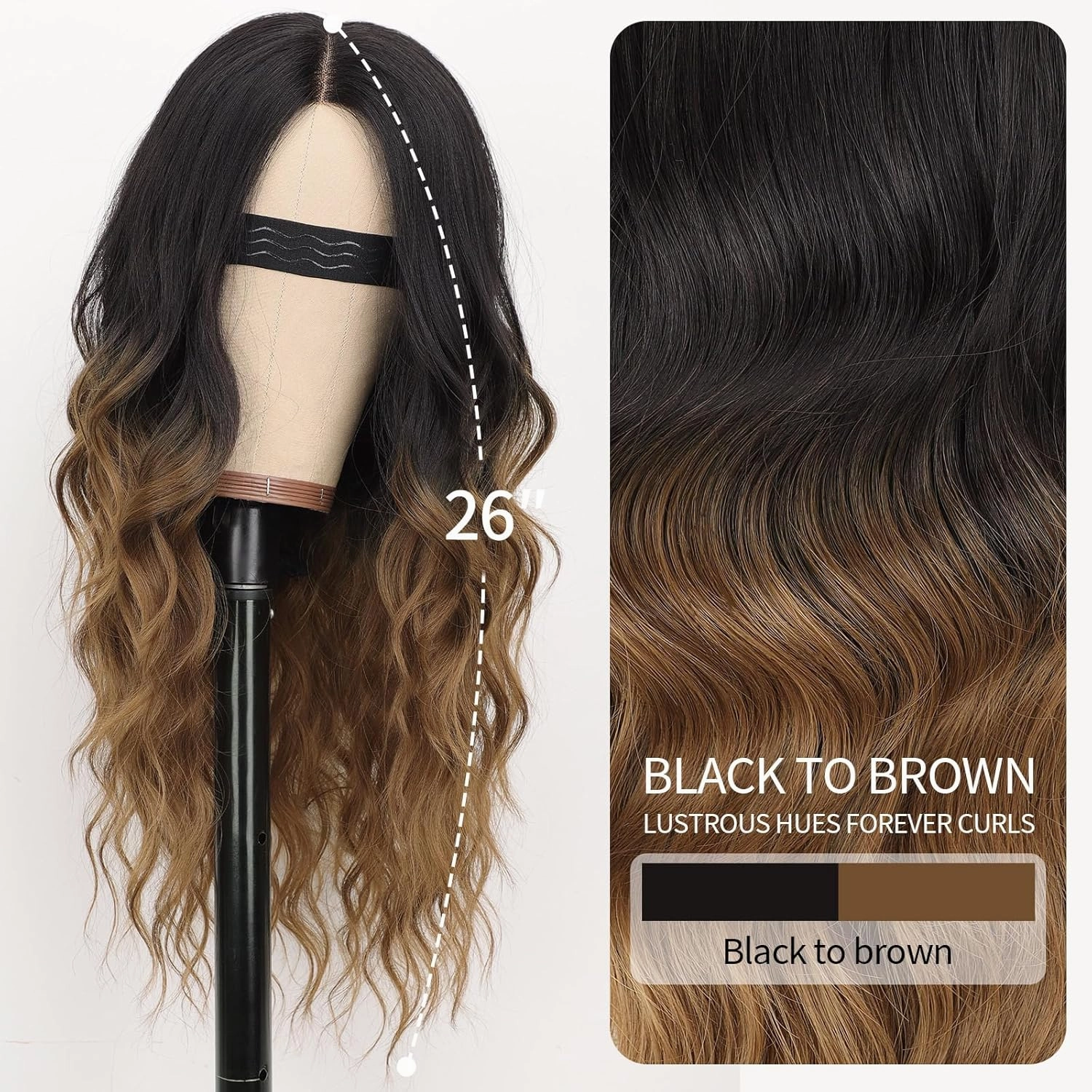 Nnzes Long Black to brown Wavy Wig 4x1 Lace Natural Hairline Middle Part Curly Heat-Resistant Synthetic Fiber for Women & Beginners Daily Party Use 26In