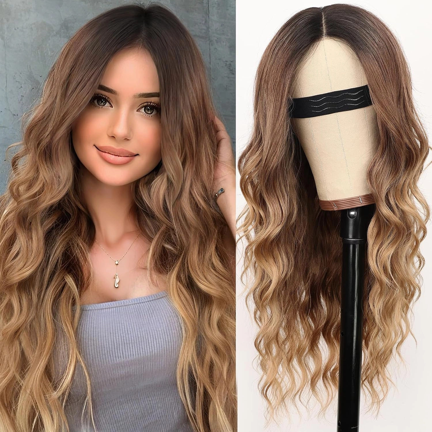 Nnzes Long Ombre Brown Gold Mixed Honey Blonde Wavy Wig 4x1 Lace Natural Hairline Middle Part Curly Heat-Resistant Synthetic Fiber for Women & Beginners Daily Party Use 26In