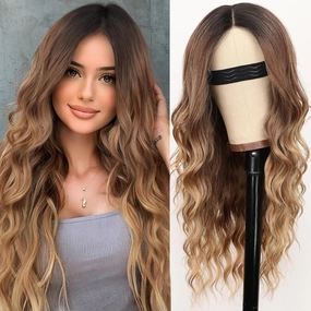 Nnzes Long Ombre Brown Gold Mixed Honey Blonde Wavy Wig 4x1 Lace Natural Hairline Middle Part Curly Heat-Resistant Synthetic Fiber for Women & Beginners Daily Party Use 26In