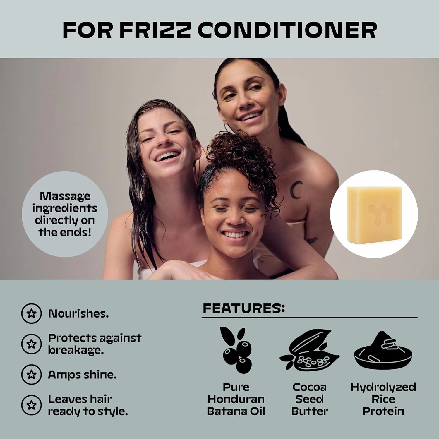 NOLE CARE Sustainable Conditioner Bar with Coconut & Batana Oil for Frizz (2.12 Oz Bar) - Sustainable, PH Balanced, Rice Protein Conditioner for Silky Frizzy Hair, Plastic-Free