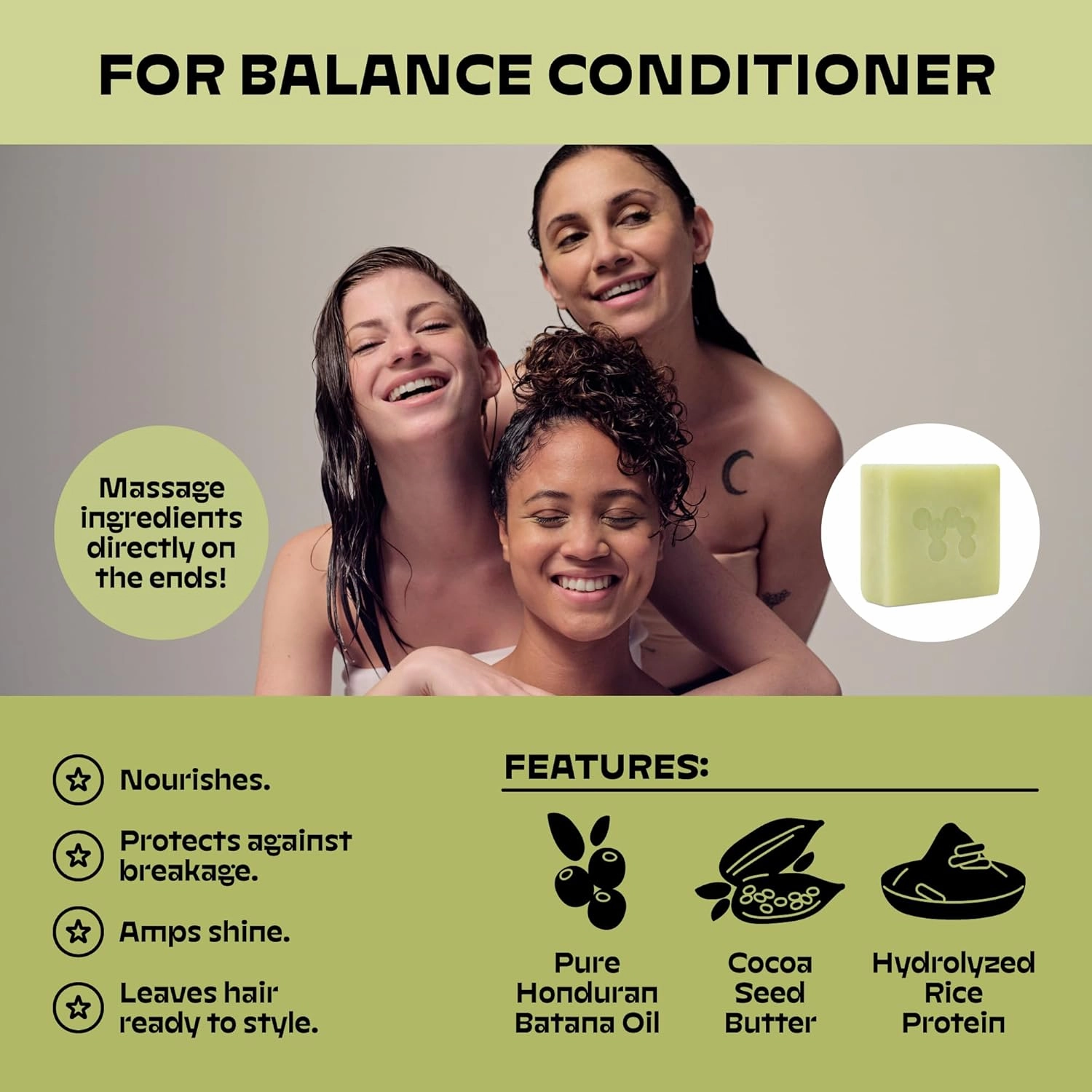 NOLE CARE Sustainable Conditioner Bar with Rosemary Min & Batana Oil, for Dry Hair, Anti Dandruff (2.12 Oz Bar) - Sustainable, PH Balanced, Rice Protein Conditioner, Plastic-Free