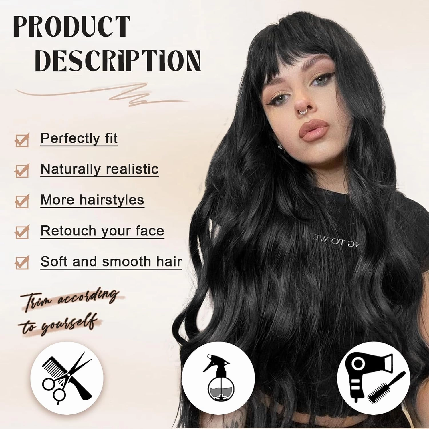 NOSTALGIA Black Wig with Bangs for Women Long Curly Wavy Wig Synthetic Curly Natural Black Replacement Wigs for Daily Party Use