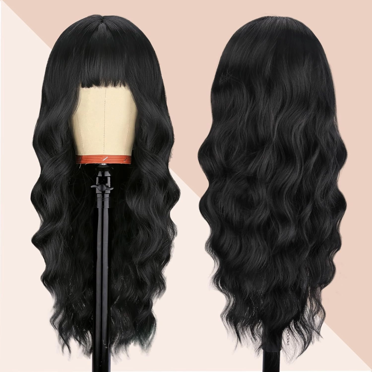 NOSTALGIA Black Wig with Bangs for Women Long Curly Wavy Wig Synthetic Curly Natural Black Replacement Wigs for Daily Party Use
