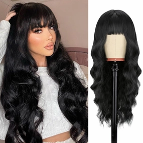 NOSTALGIA Black Wig with Bangs for Women Long Curly Wavy Wig Synthetic Curly Natural Black Replacement Wigs for Daily Party Use