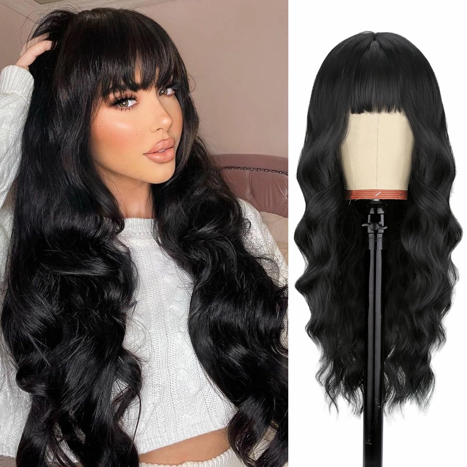 NOSTALGIA Black Wig with Bangs for Women Long Curly Wavy Wig Synthetic Curly Natural Black Replacement Wigs for Daily Party Use