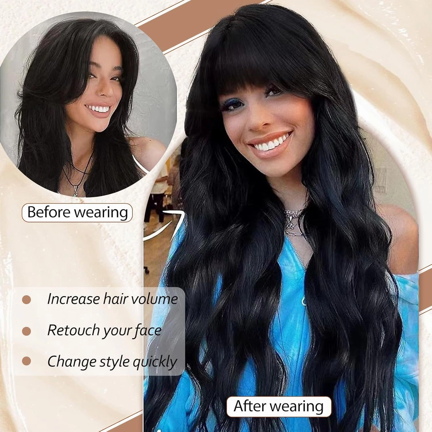 NOSTALGIA Black Wig with Bangs for Women Long Curly Wavy Wig Synthetic Curly Natural Black Replacement Wigs for Daily Party Use