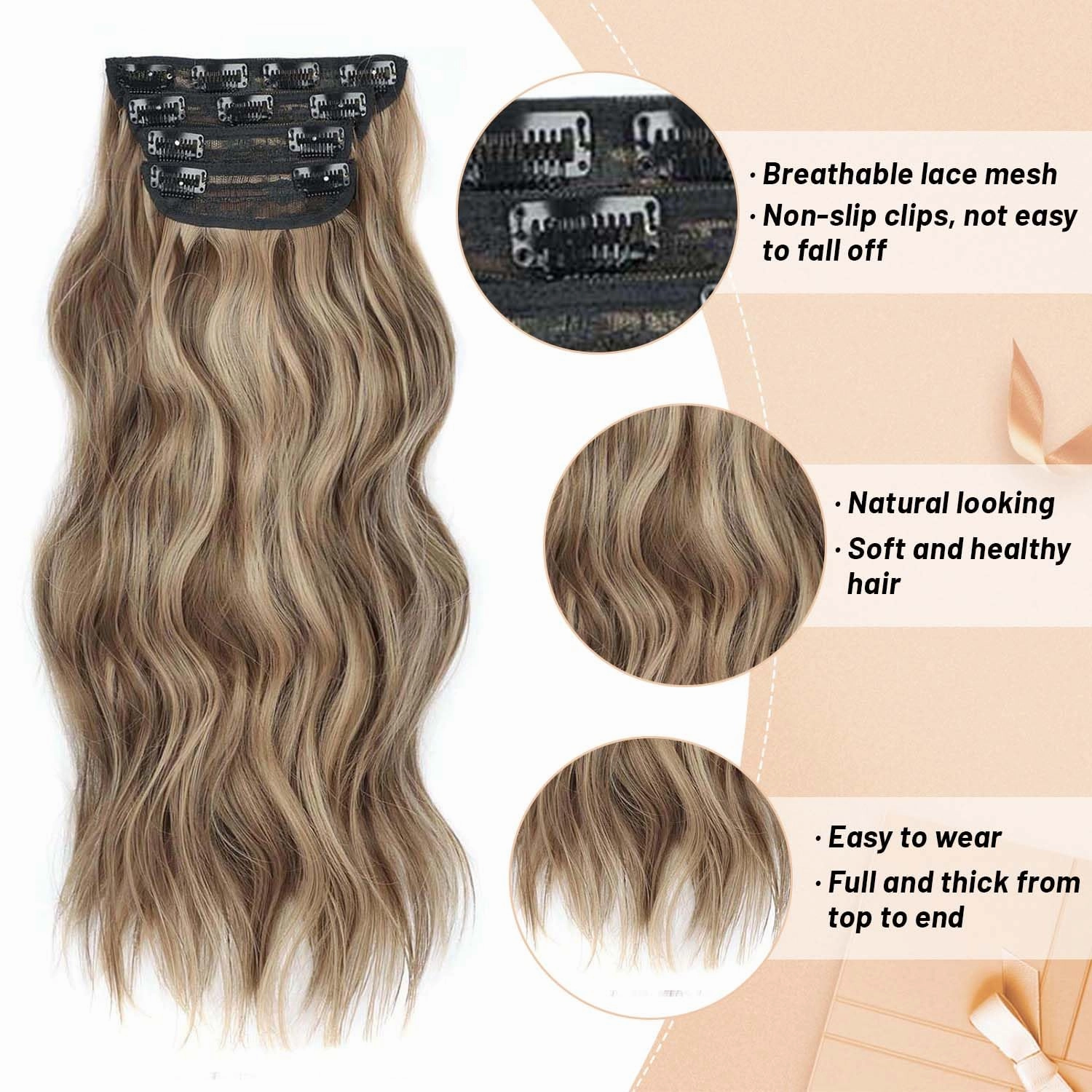 Not Tangled 20 Inch Long Wavy Synthetic Hair Extensions Honey Blonde Mixed Light Brown 4PCS thick long Clip in Hair Extensions for Women Full Head Natural Soft (20INCH, 22H10)