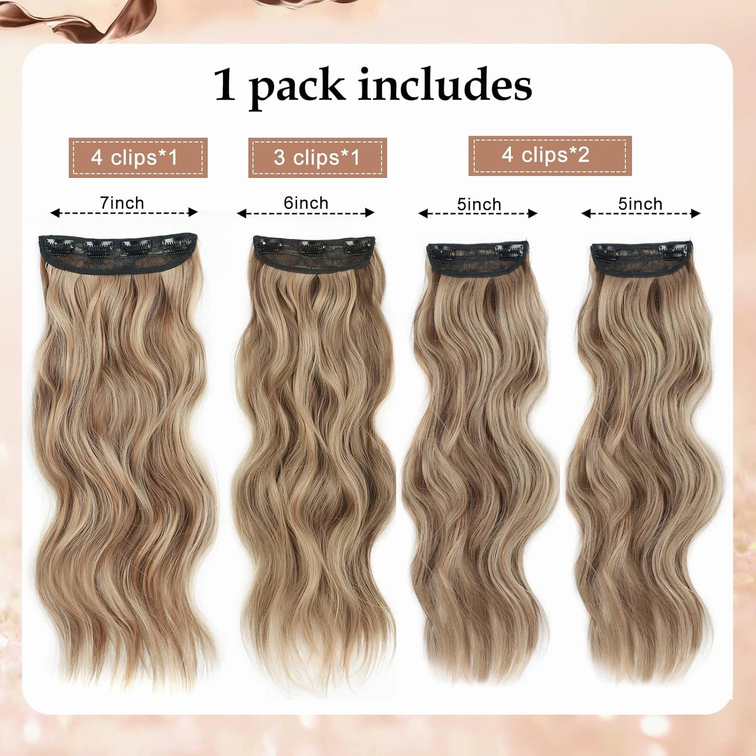 Not Tangled 20 Inch Long Wavy Synthetic Hair Extensions Honey Blonde Mixed Light Brown 4PCS thick long Clip in Hair Extensions for Women Full Head Natural Soft (20INCH, 22H10)