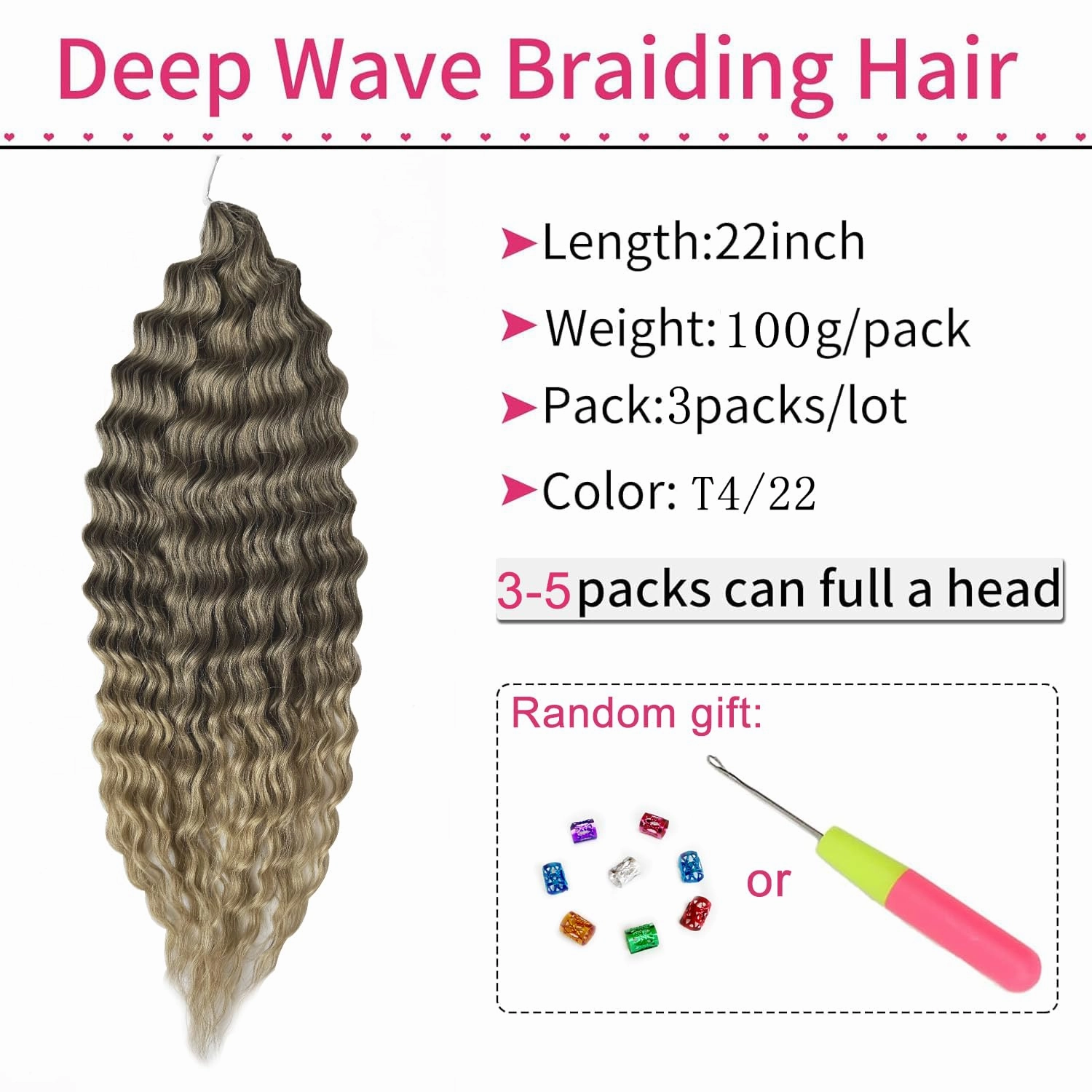 Ocean Wave Crochet Hair 22Inch Wavy Crochet Hair Curly Crochet Synthetic Hair Extensions 3Packs Twist Crochet Hair For Women Synthetic Wavy Braiding Hair Extensions (Color T4/22#)