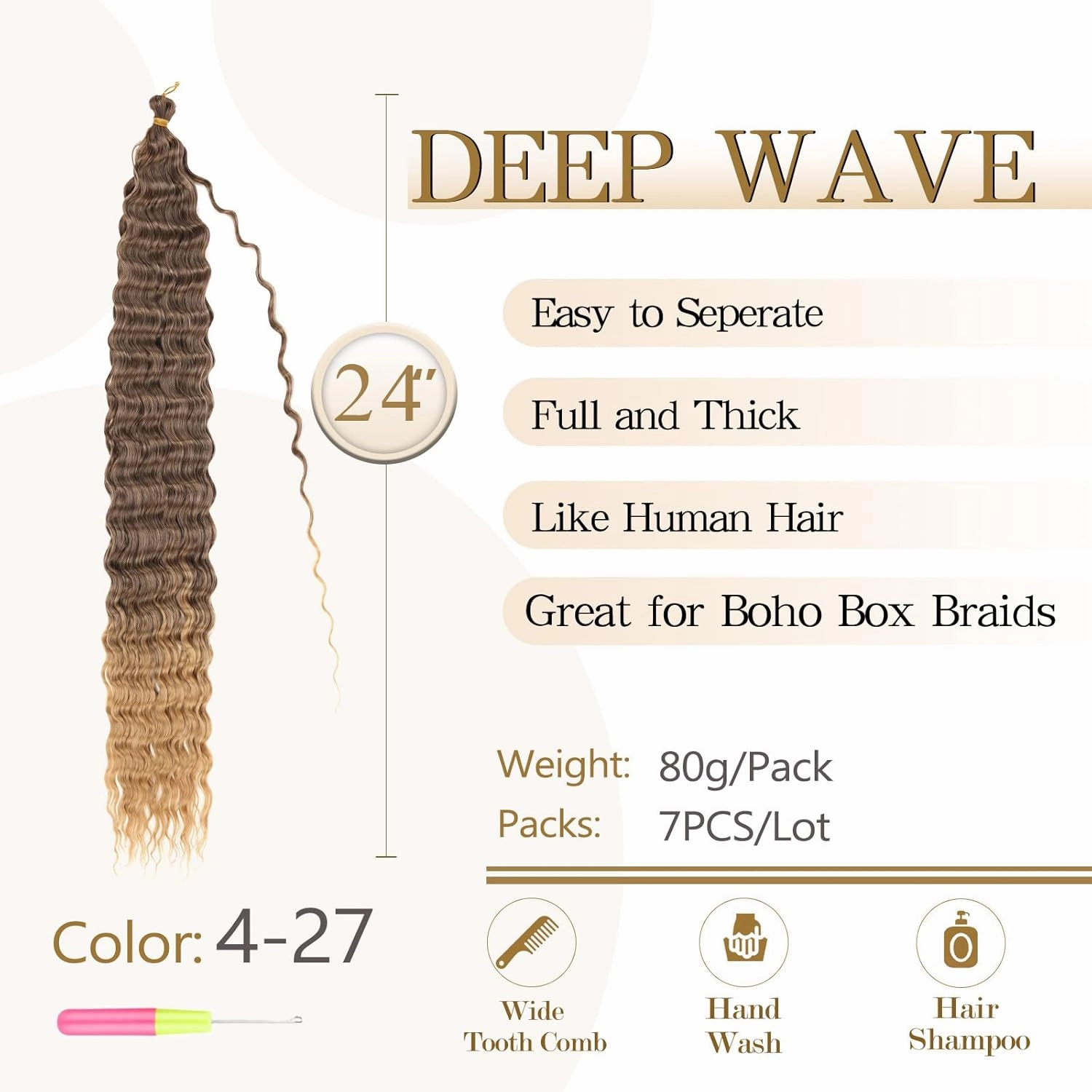Ocean Wave Crochet Hair 24 inch 7 Packs Long Deep Wave Curly Braiding Hair Soft Synthetic Curly Crochet Hair For Black Women(24 Inch, 4/27）