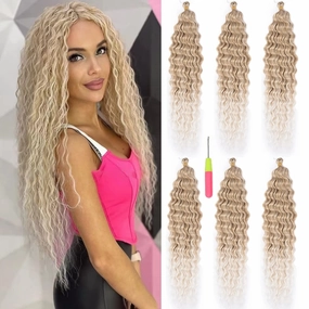 Ocean Wave Crochet Hair Blonde 22inch Curly Braiding Hair Wavy Synthetic Ombre Crochet Hair 6Packs #18/56c Blond mix Platinum