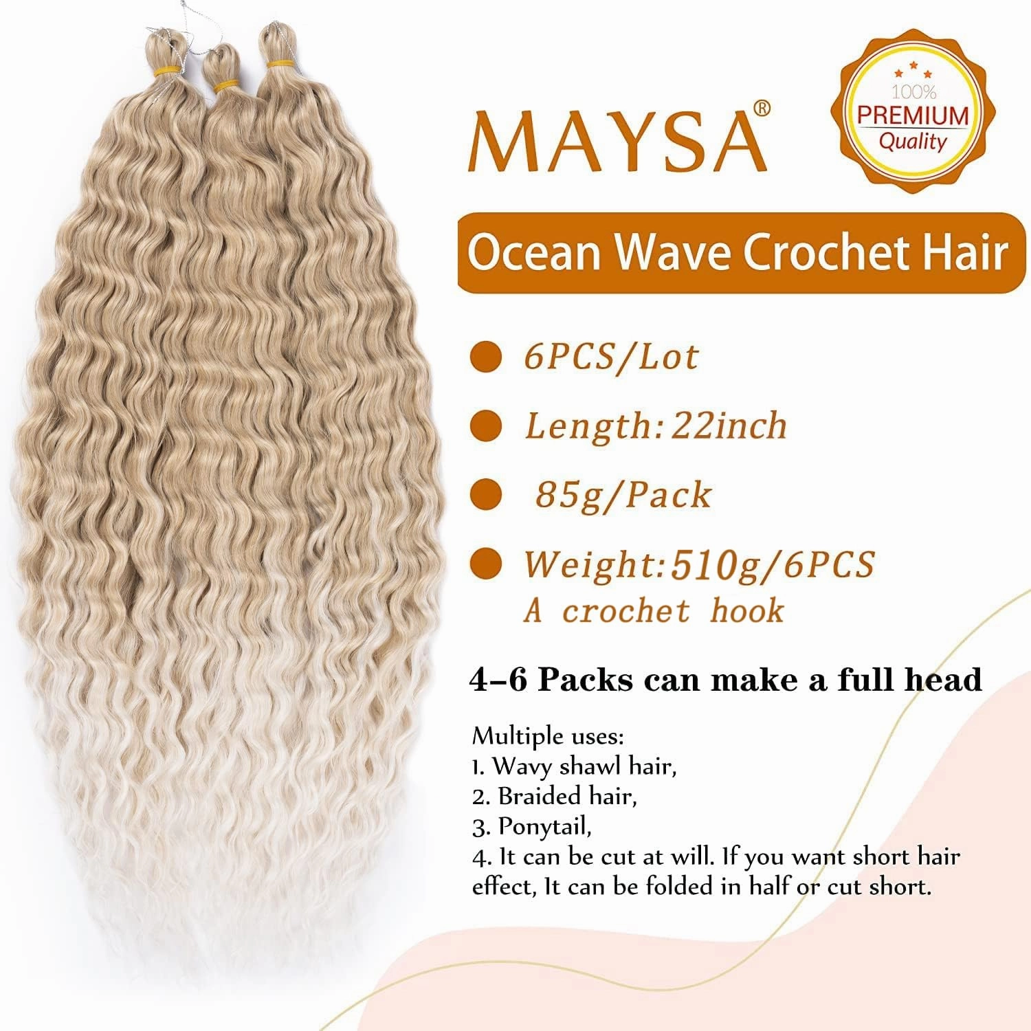 Ocean Wave Crochet Hair Blonde 22inch Curly Braiding Hair Wavy Synthetic Ombre Crochet Hair 6Packs #18/56c Blond mix Platinum