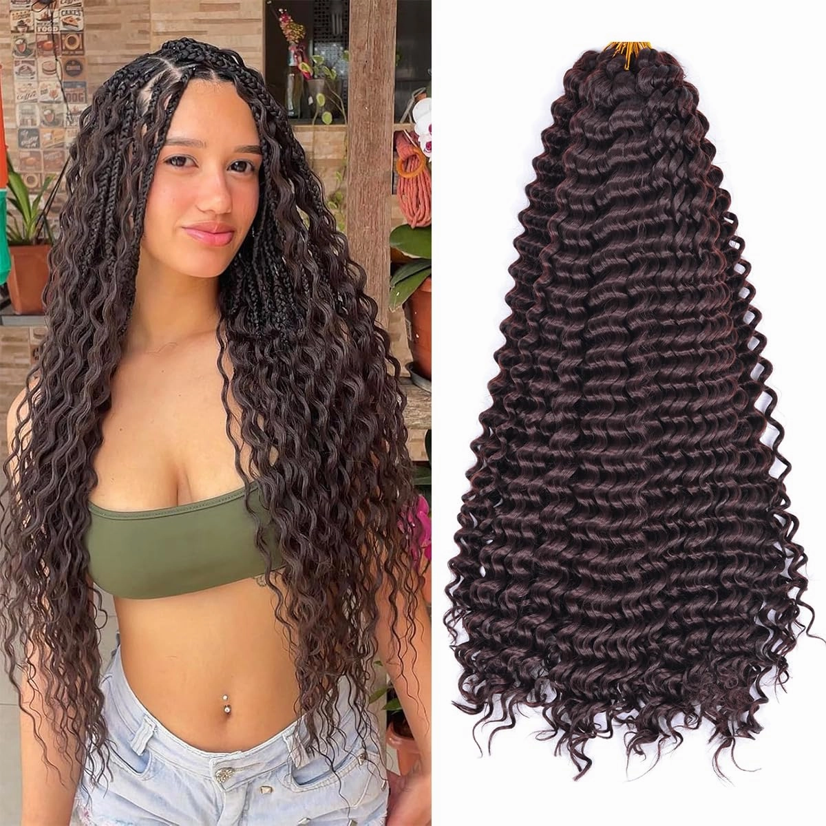 Ocean Wave Crochet Hair Extensions 22Inch 6Packs #4 Chocolate Brown Deep Curly Braiding Hair for Boho Braids Synthetic Curly Crochet Hair for Black Women
