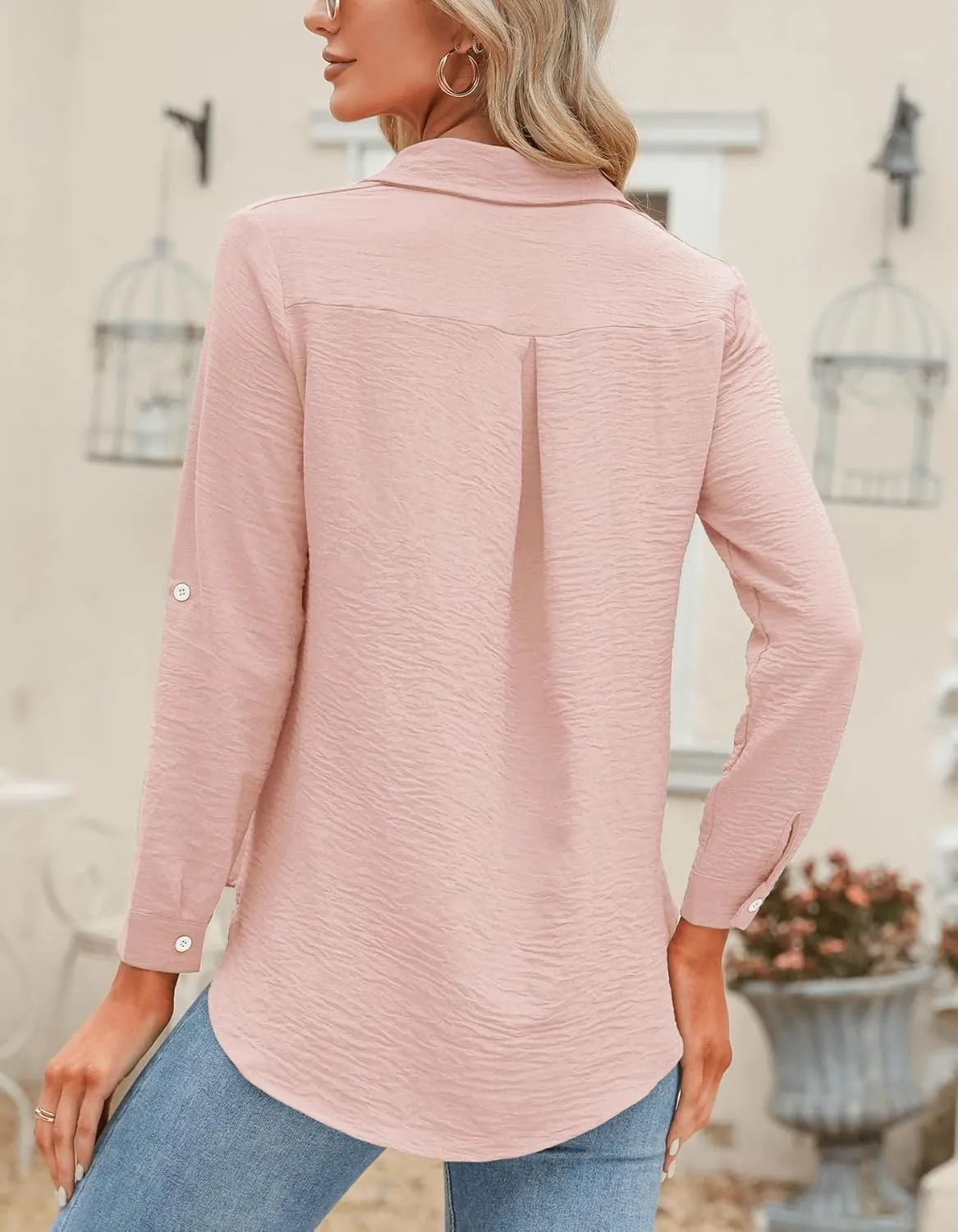 Odosalii Womens Button Down Shirts V Neck Rolled Up Long Sleeve Tops Elegant Dressy Blouses Business Casual Outfits