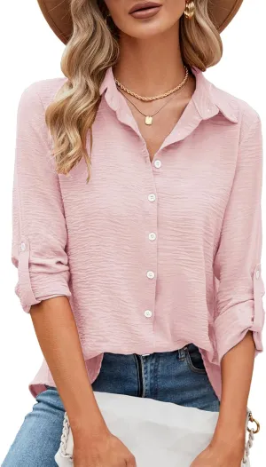 Odosalii Womens Button Down Shirts V Neck Rolled Up Long Sleeve Tops Elegant Dressy Blouses Business Casual Outfits