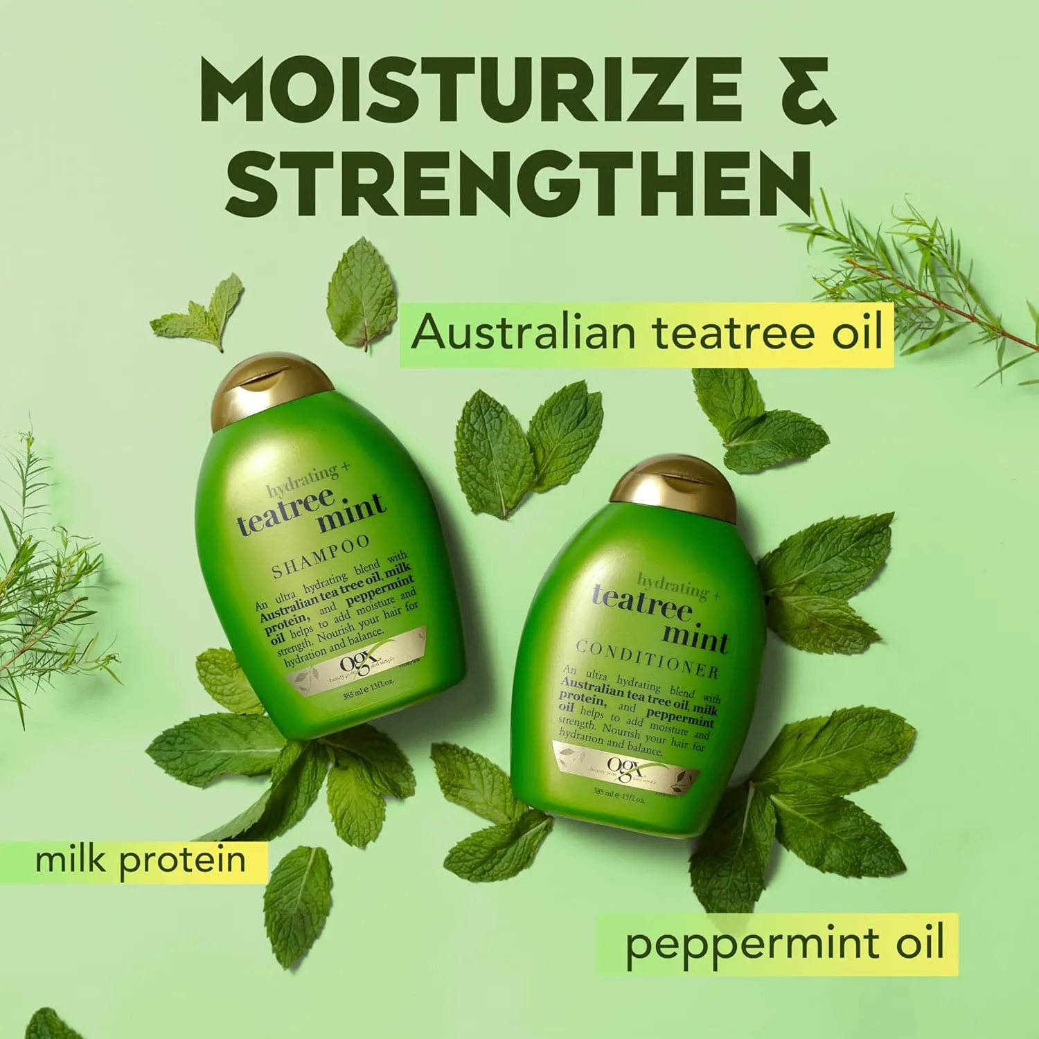 OGX Hydrating   Tea Tree Mint Conditioner, Nourishing & Invigorating Scalp Conditioner with Tea Tree & Peppermint Oil & Milk Proteins, Paraben-Free, Sulfate-Free Surfactants, 13 fl oz